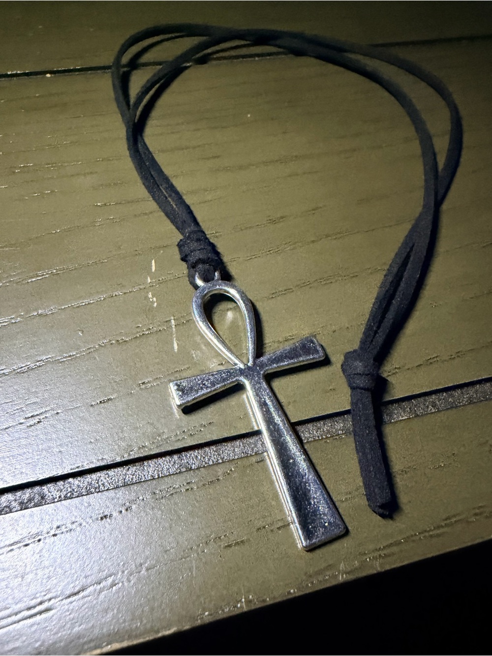 Black Suede Cord Necklace with Silver Ankh Pendant 1 1/8” x 2”